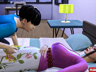 Stiefzoon neukt de Koreaanse stepmom Aziatische stiefmoeder deelt hetzelfde purfle met haar stiefzoon in de hotelkamer